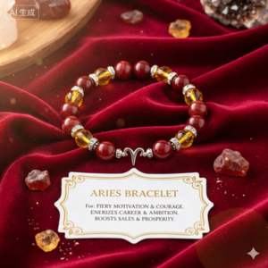 Aries zodiac bracelet featuring premium red carnelian and yellow citrine healing stones with a silver Aries charm, displayed on red velvet with a description card.