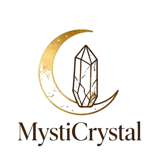 MystiCrystal logo featuring a golden crescent moon wrapping around a clear crystal, with the brand name "MystiCrystal" below.