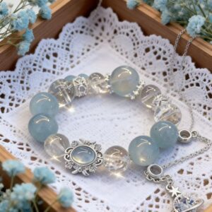 Natural Aquamarine and Clear Quartz beaded bracelet, Pisces zodiac jewelry with silver charm, healing crystal bracelet for intuition and calm.