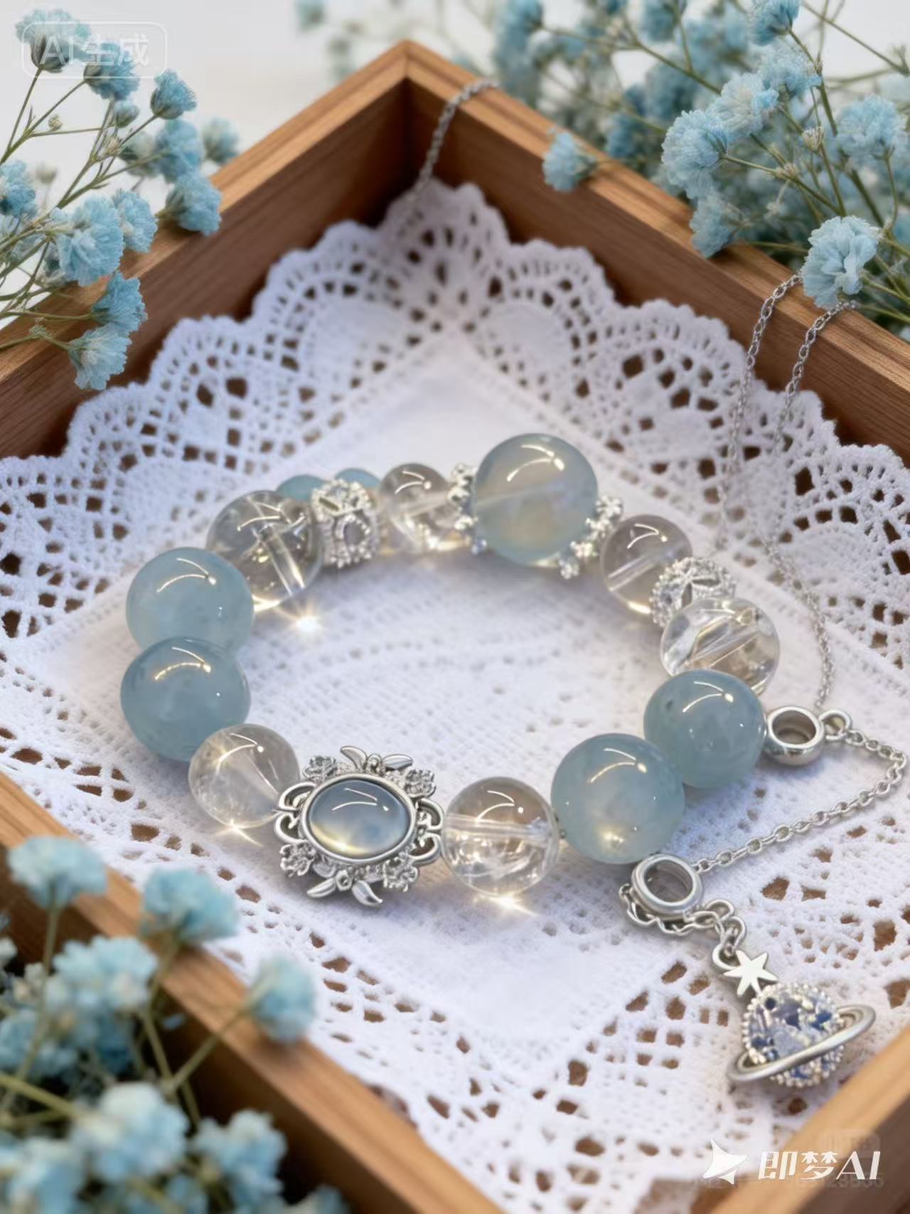Natural Aquamarine and Clear Quartz beaded bracelet, Pisces zodiac jewelry with silver charm, healing crystal bracelet for intuition and calm.