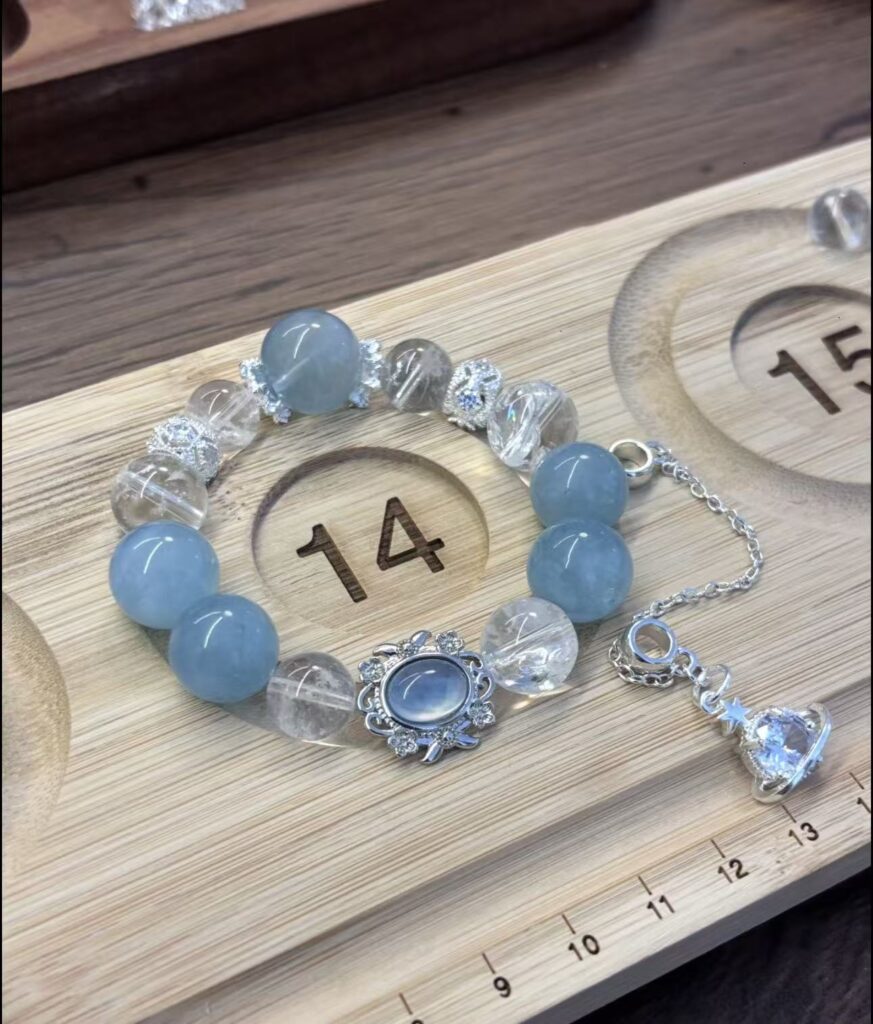 Natural Aquamarine and Clear Quartz Pisces Birthstone Bracelet
