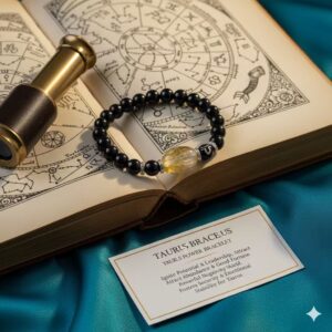 Taurus Obsidian and Golden Rutilated Quartz bracelet displayed on a vintage book with astrology card